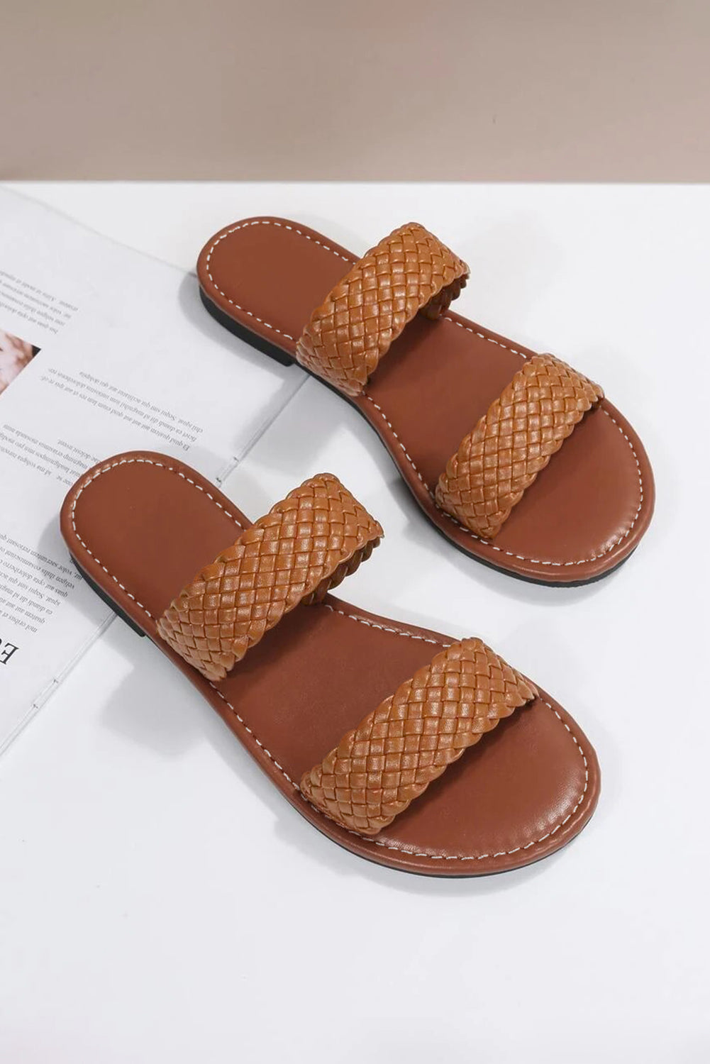 Chestnut Braided Double Band Leather Flat Slides Shoes