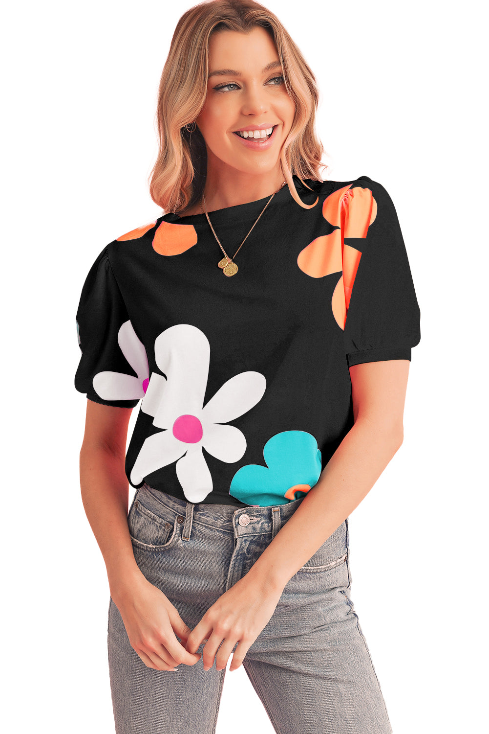 Sky Blue Colorful Flower Print Bubble Sleeve Tee