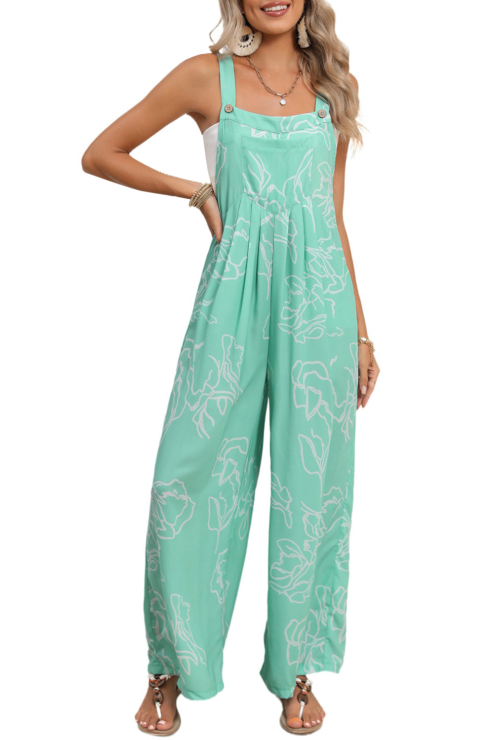 Moonlight Jade Abstract Print Wide Leg Bib Overall