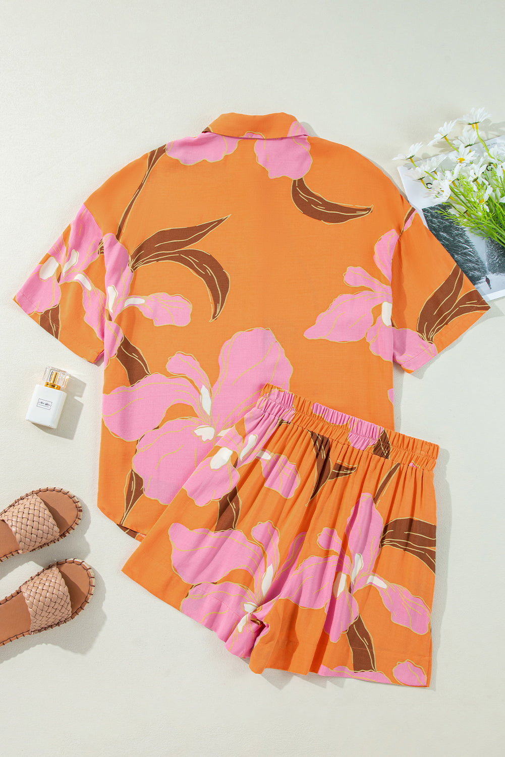 Russet Orange Floral Print Loose Shirt and Shorts Set