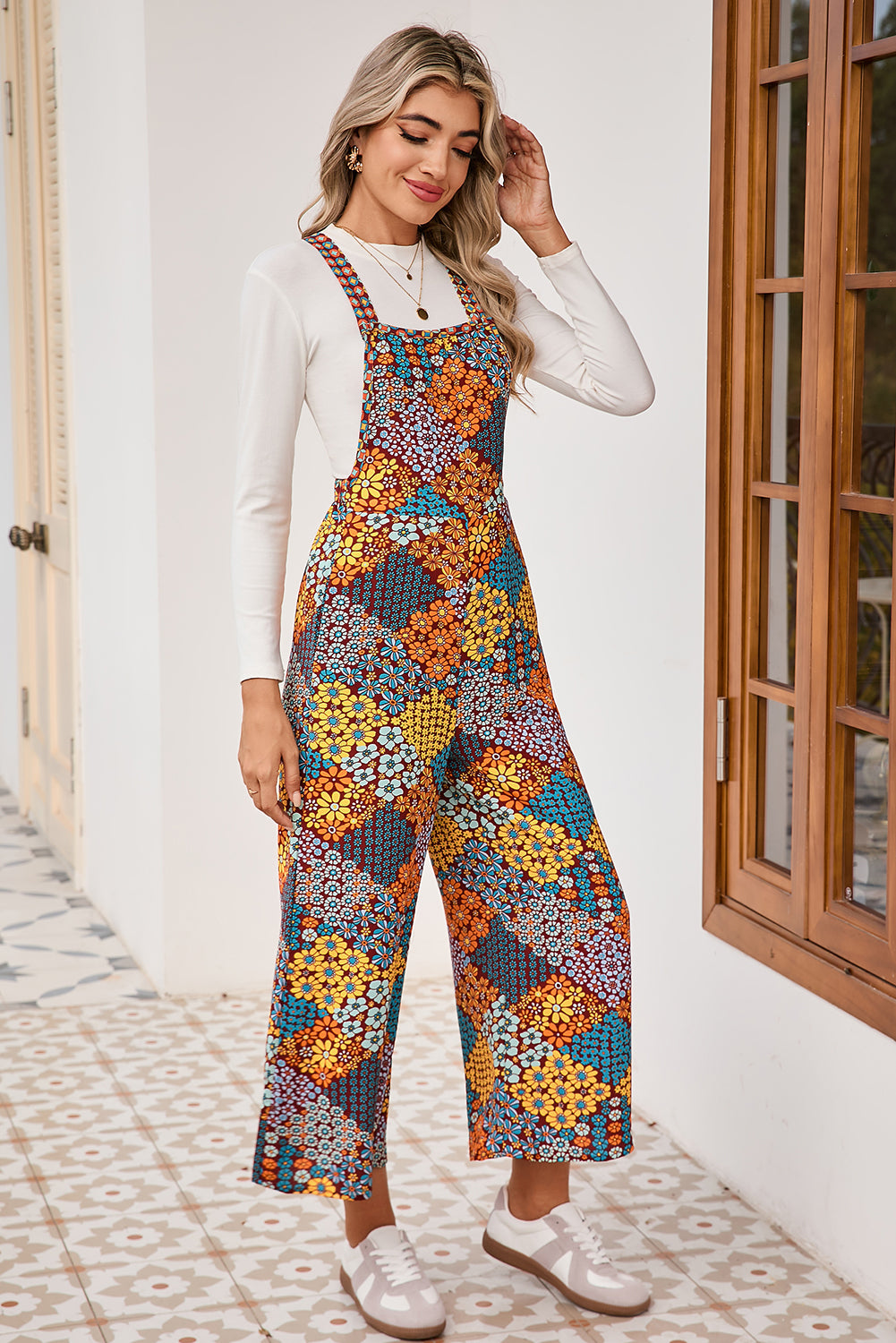 Multicolour Boho Floral Print Cropped Wide Leg Overalls