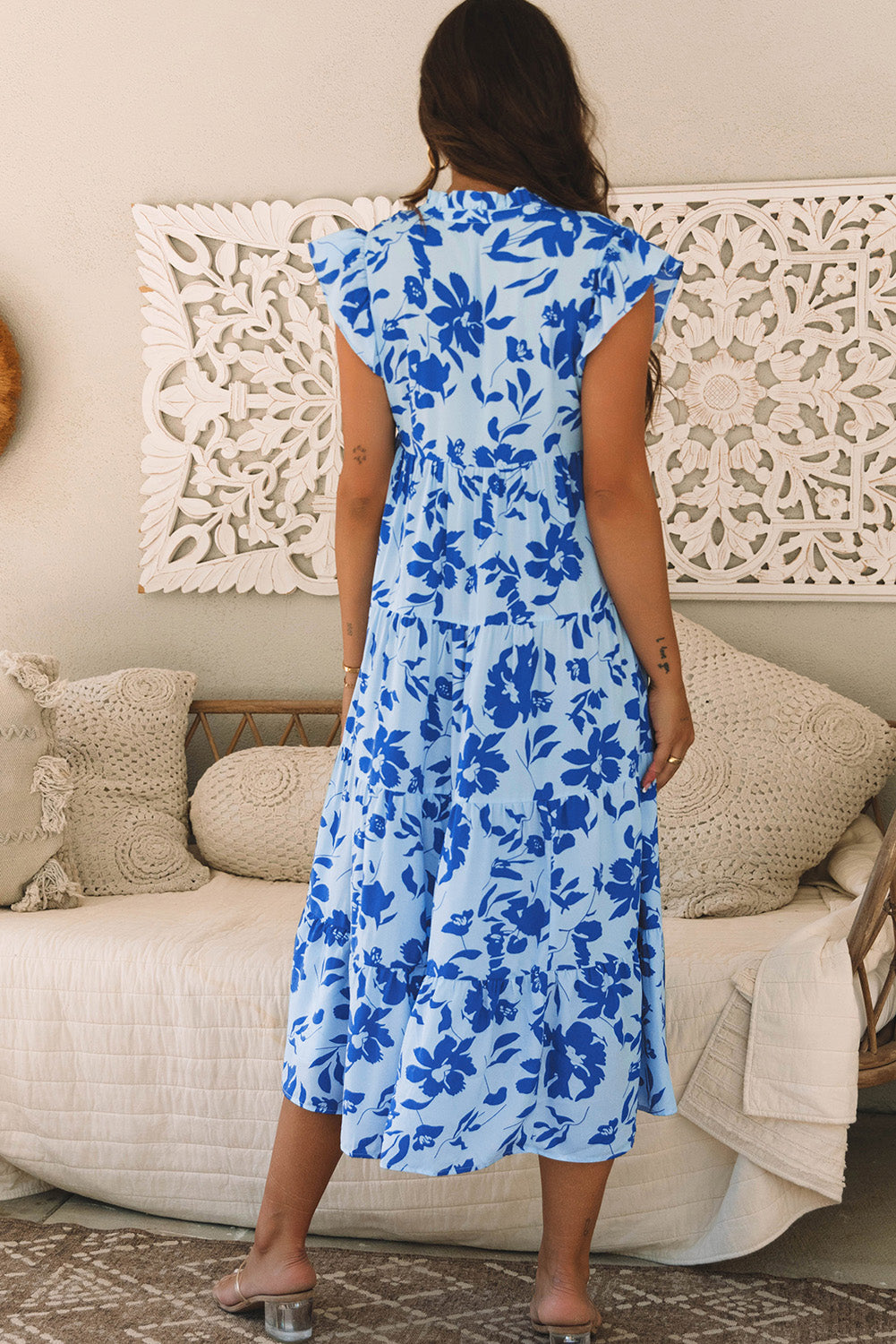 Sky Blue Floral Print Tiered Flutter Sleeve Maxi Dress