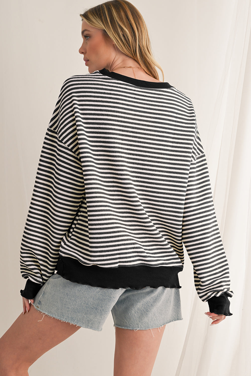 Pink Stripe Drop Shoulder Long Sleeve Top