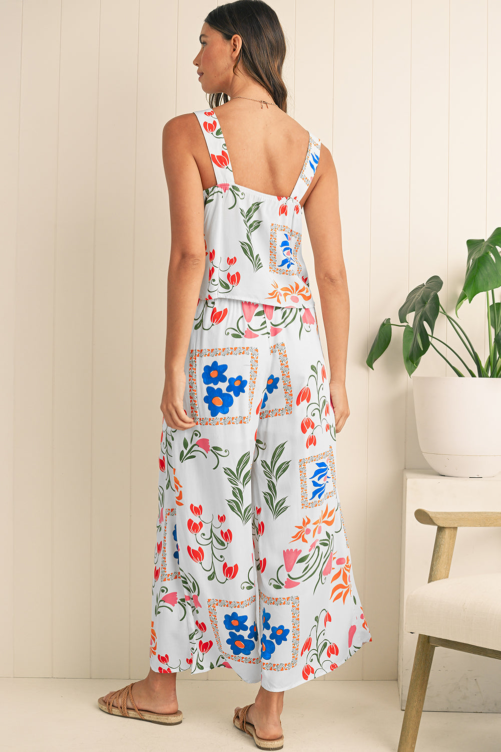 White Square Neck Tank & Wide Leg Pants Boho Floral Set