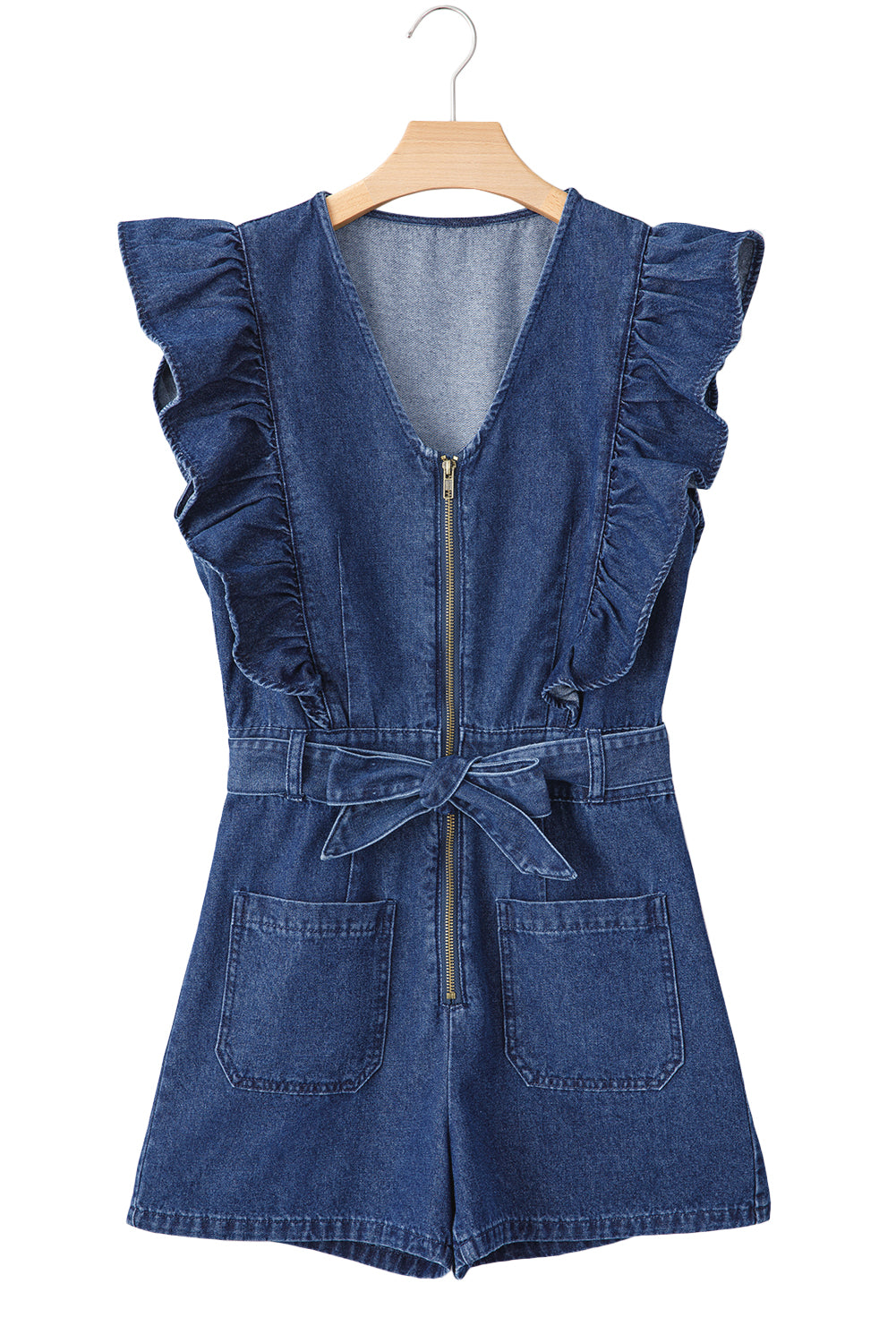 Sail Blue Denim Ruffled Zipped Front Belted Romper