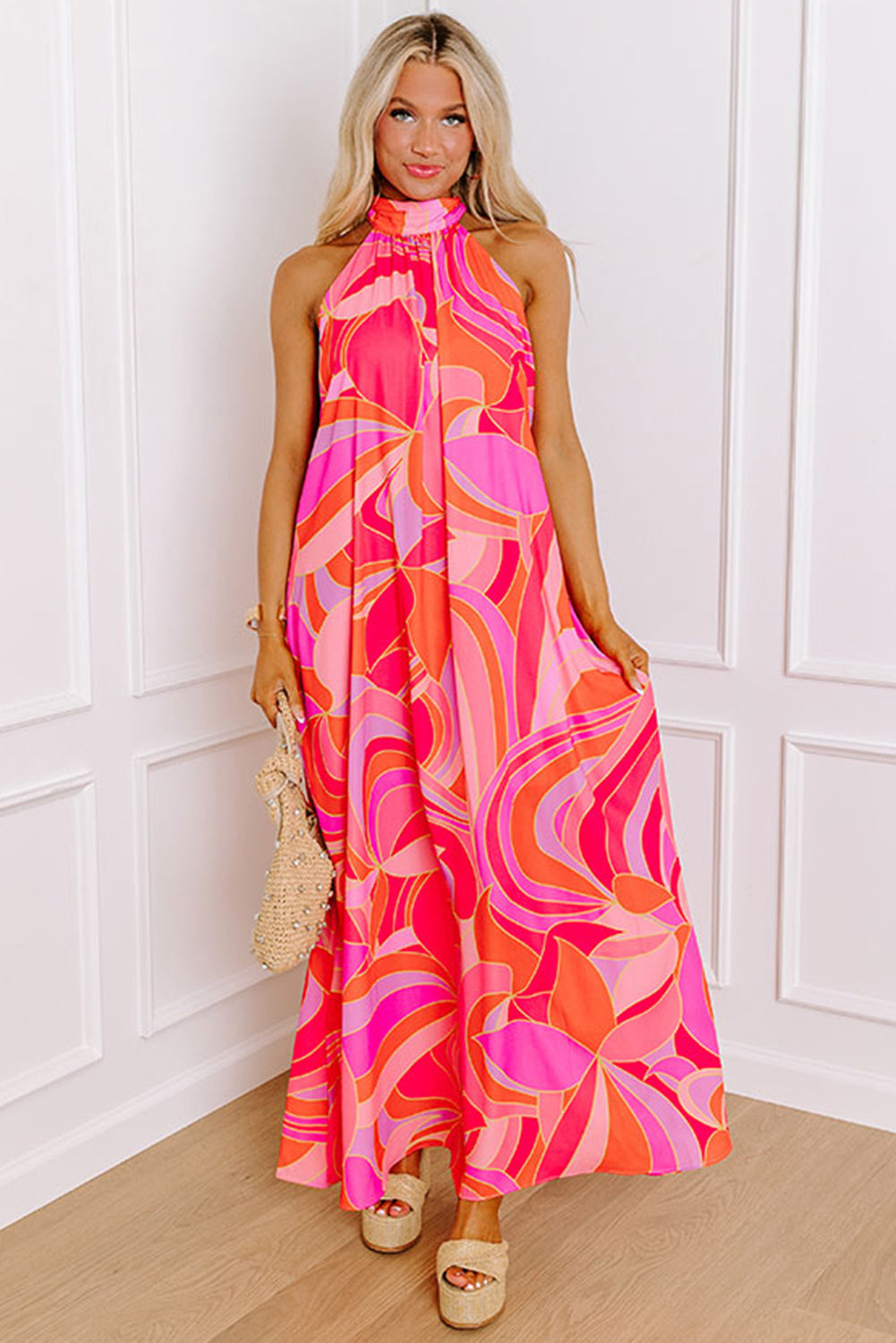 Rose Floral Printed High Neck Knotted Sleeveless Maxi Dress