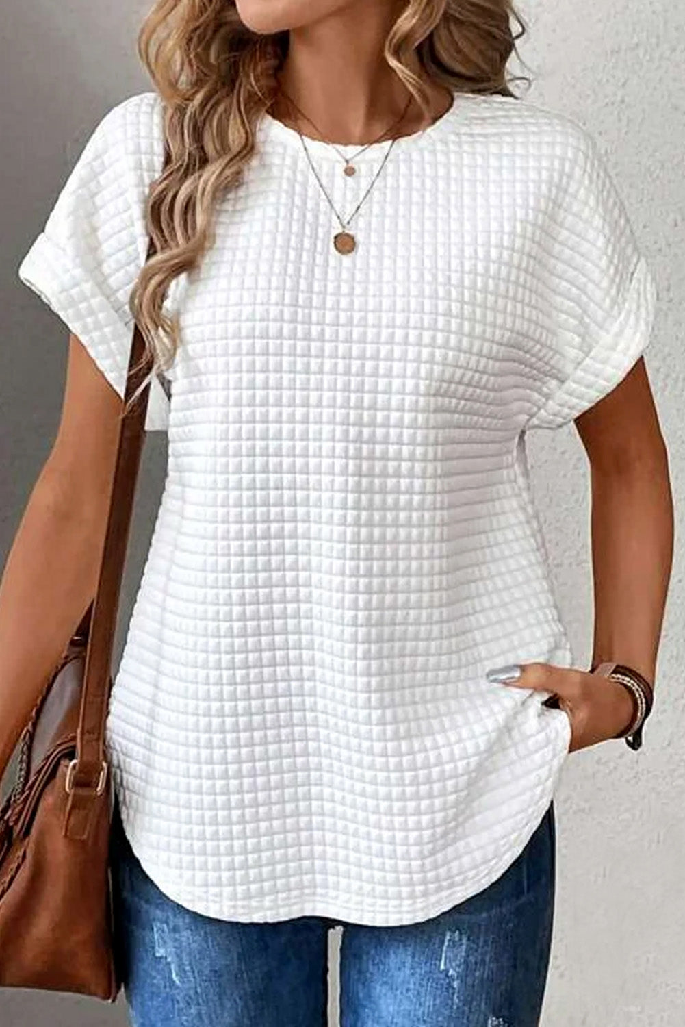 White Textured Batwing Sleeve Plain T Shirt