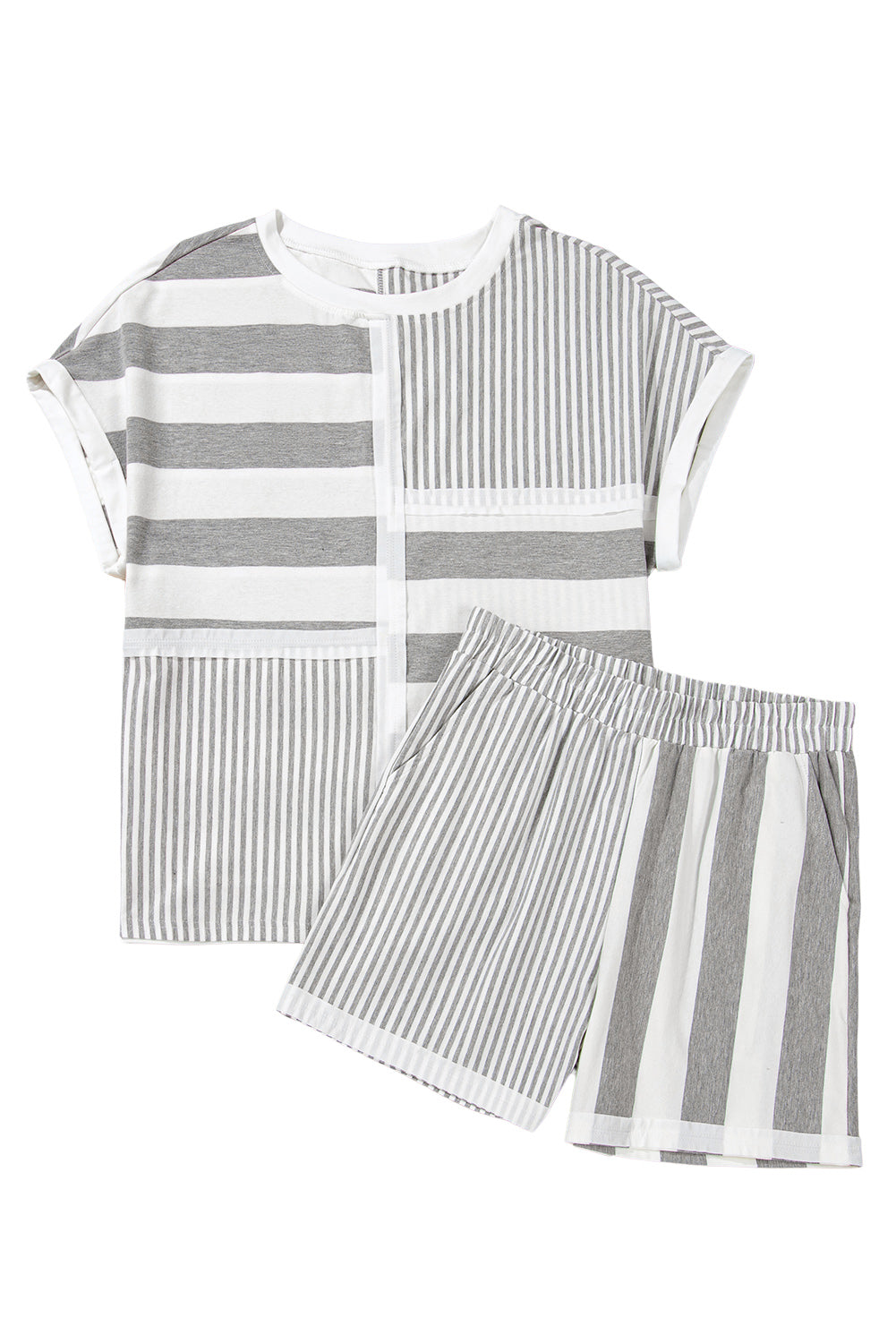 Gray Stripe Mixed Print Short Sleeve Top and Pocketed Shorts Set