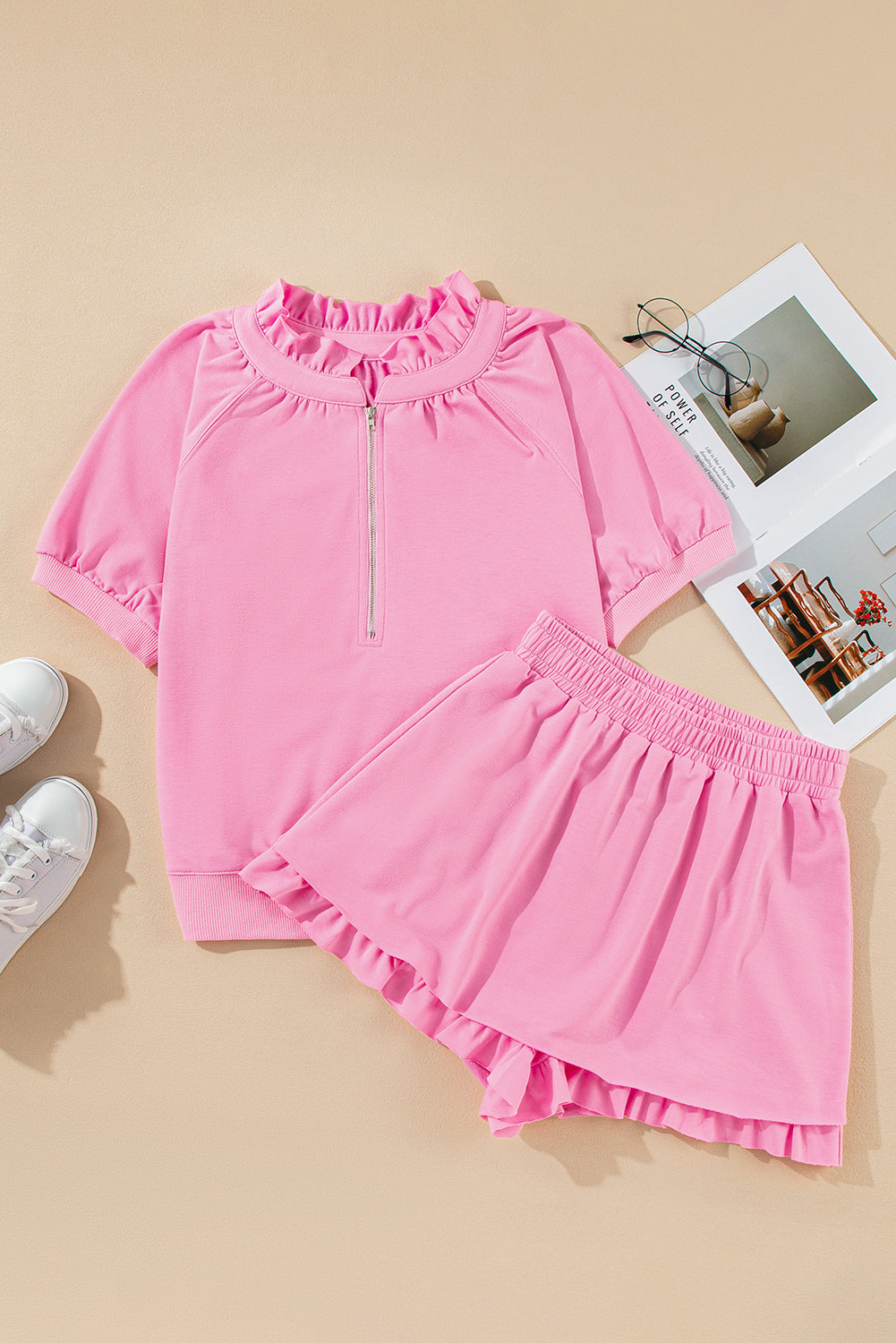 Pink Half Zip Puff Sleeve Top and Ruffle Shorts Set