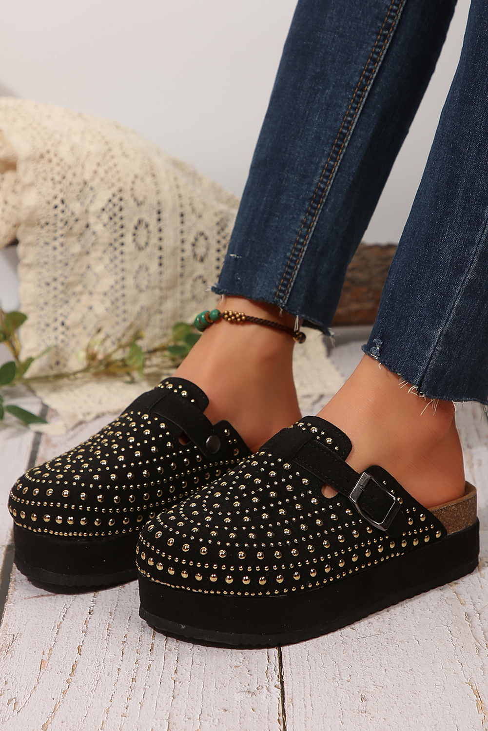 Black Vintage Studded Platform Slippers