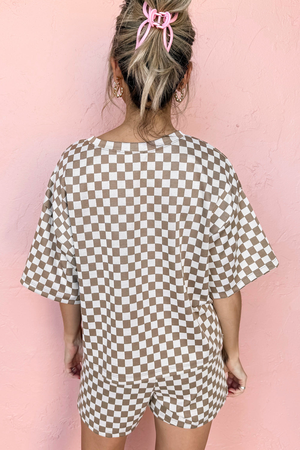 Brown Checkered Top and Drawstring Shorts Pajama Set