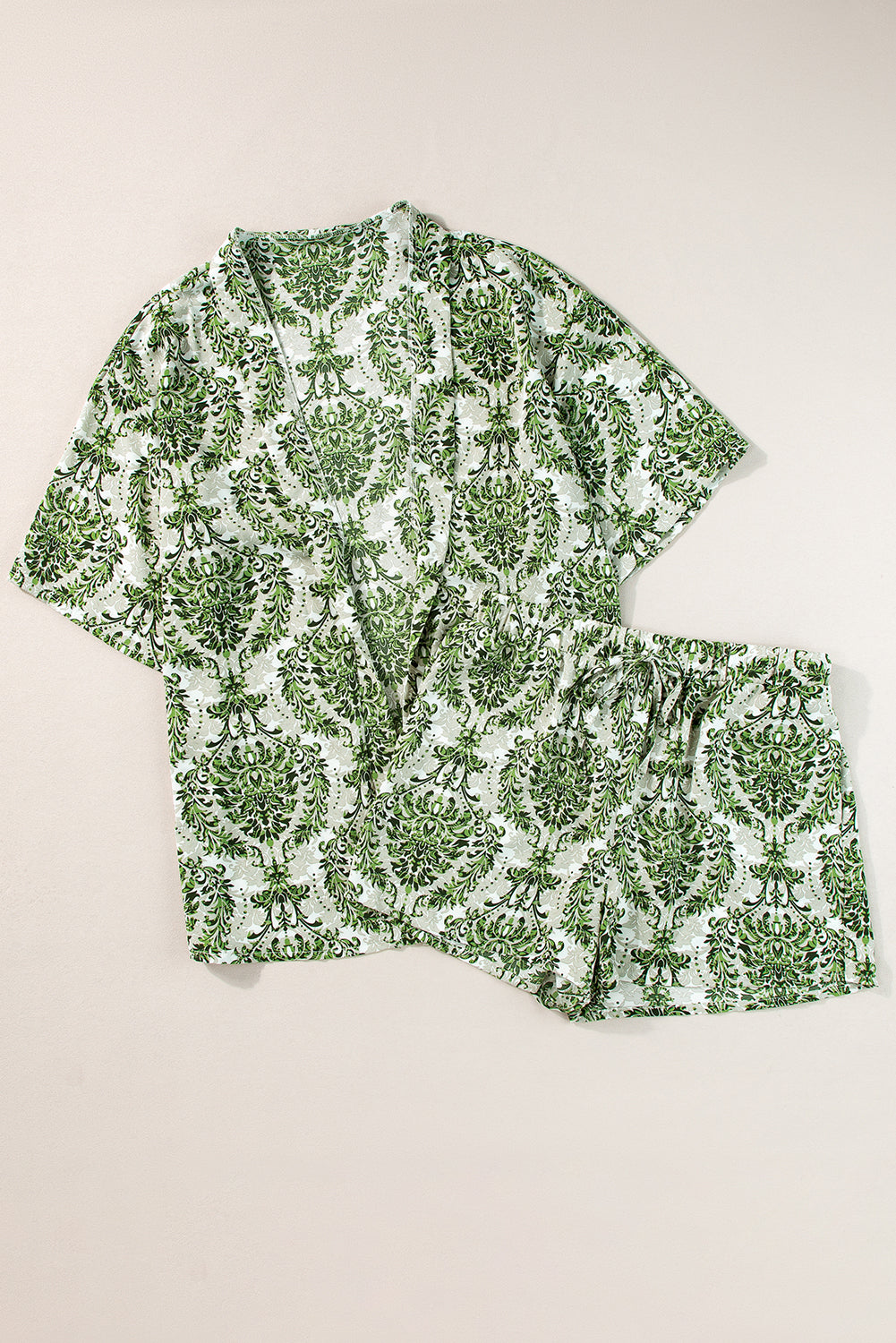 Green Floral Open Front Shirt and Drawstring Shorts Set