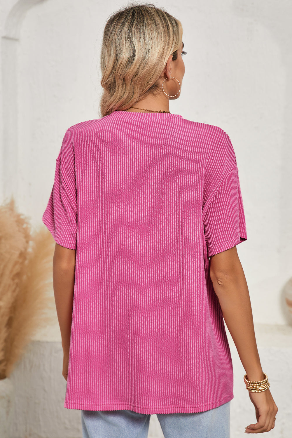 Pink Crinkle Rib Knit Pocketed Loose Fit Crew Neck T Shirt