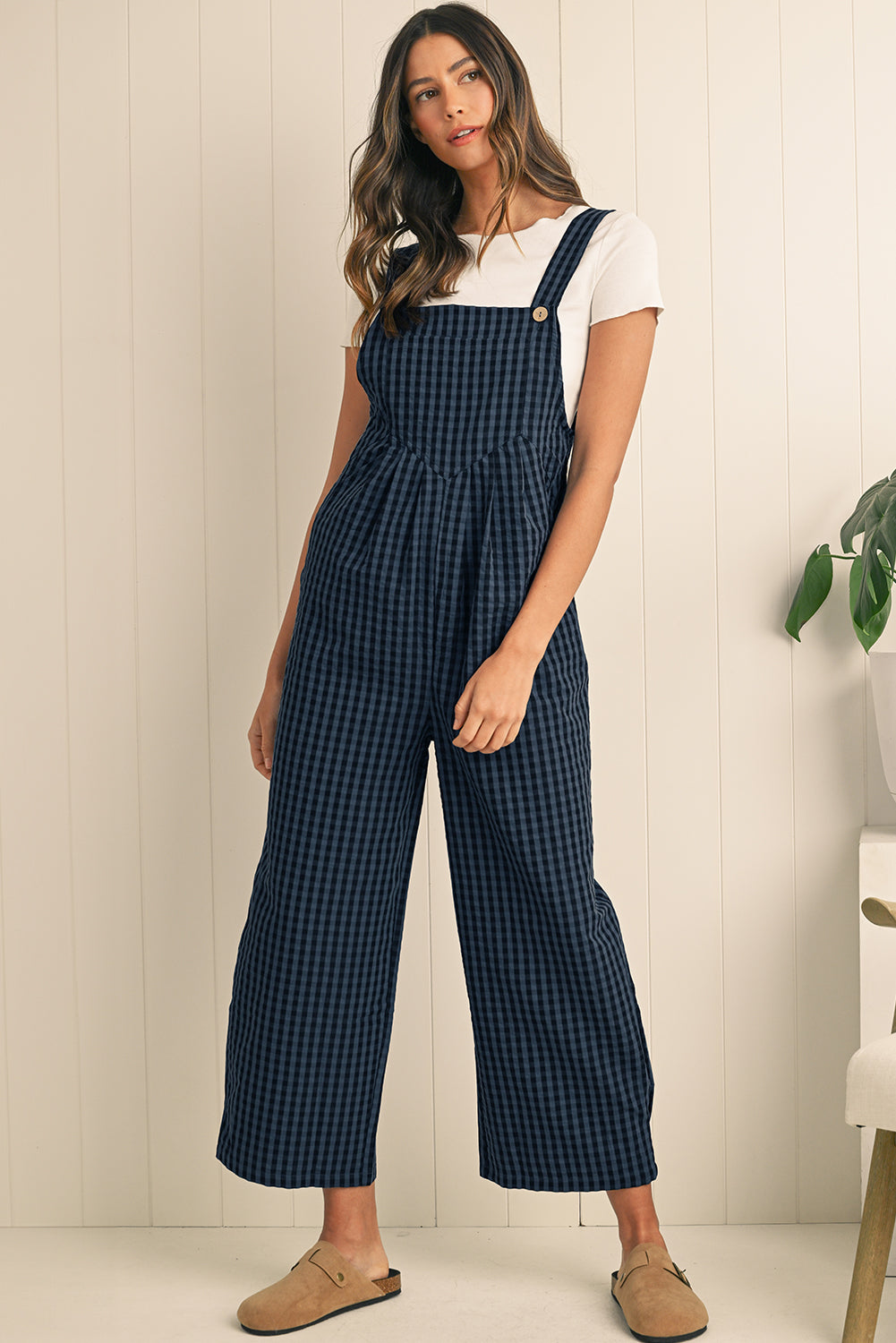 Sail Blue Plaid Print Buttoned Pocket High Waist Overall