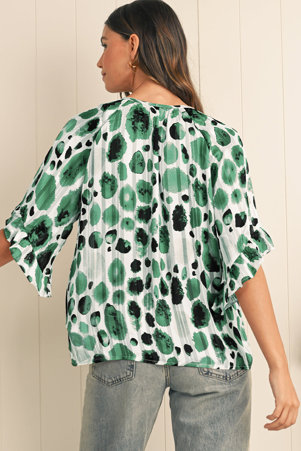 Green Abstract Print Ruffle 3/4 Sleeve Tie Neck Blouse