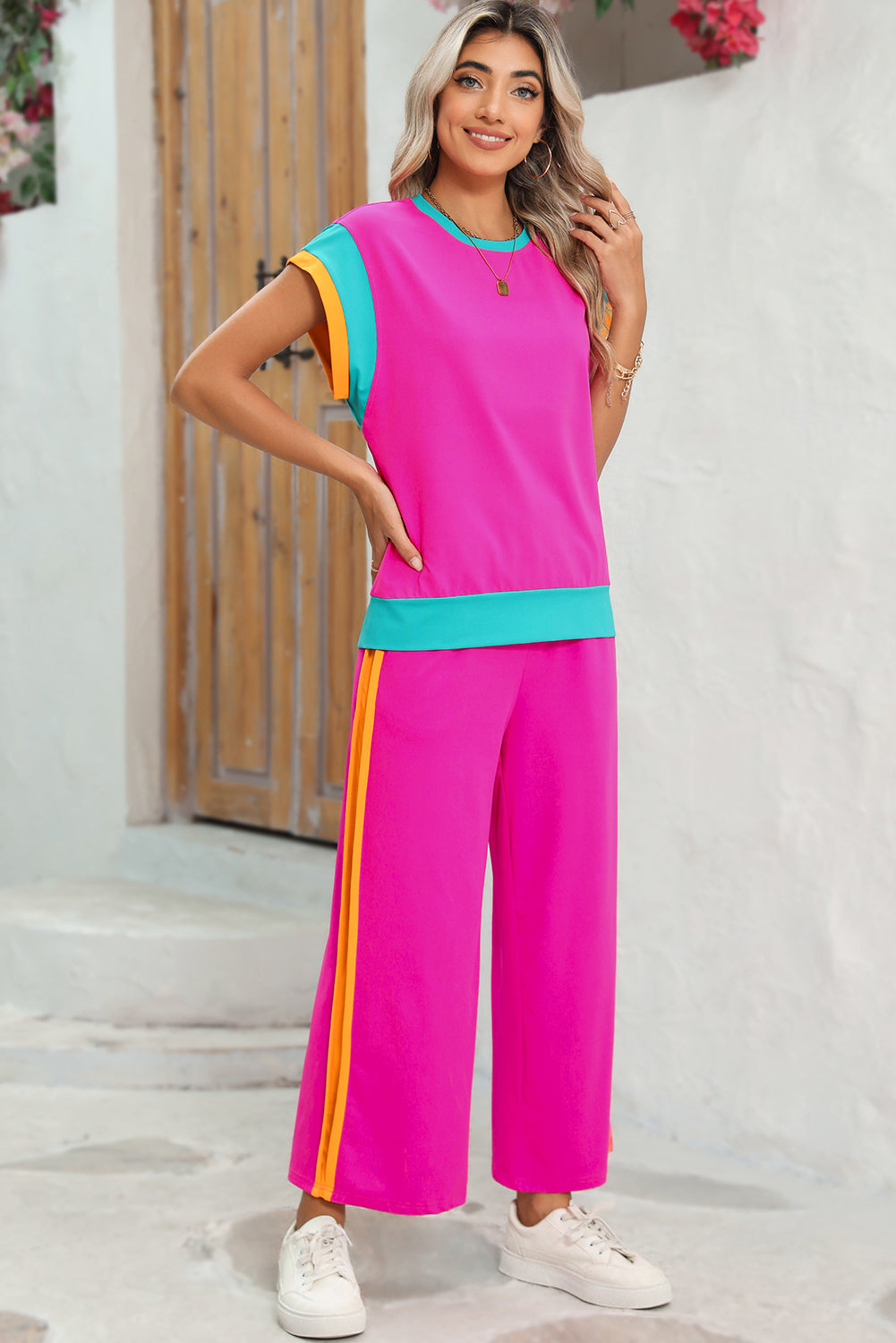 Sky Blue Colorblock Cap Sleeve Tee & Wide Leg Pants Set