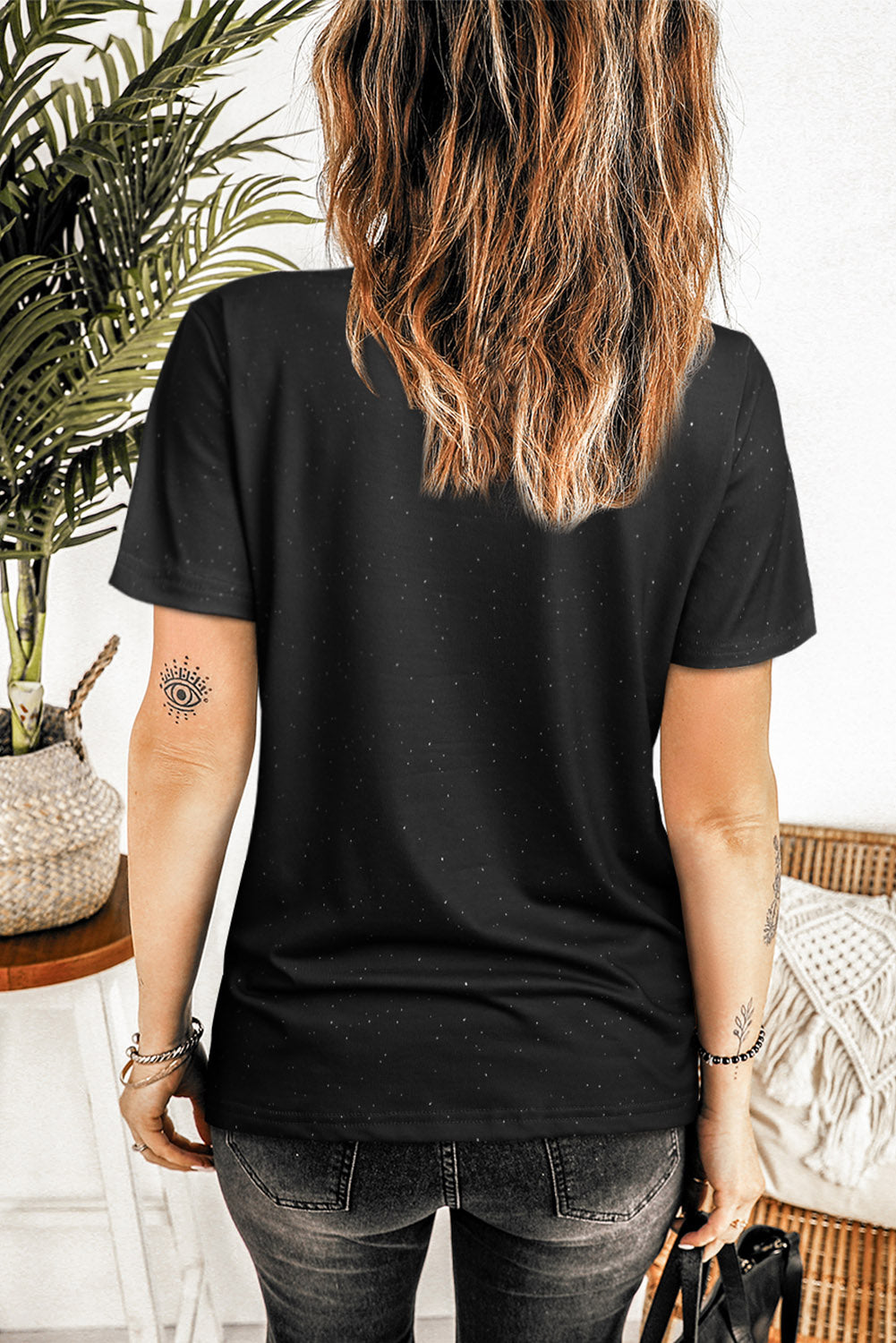 Black Short Sleeve Bleached T Shirt for Women