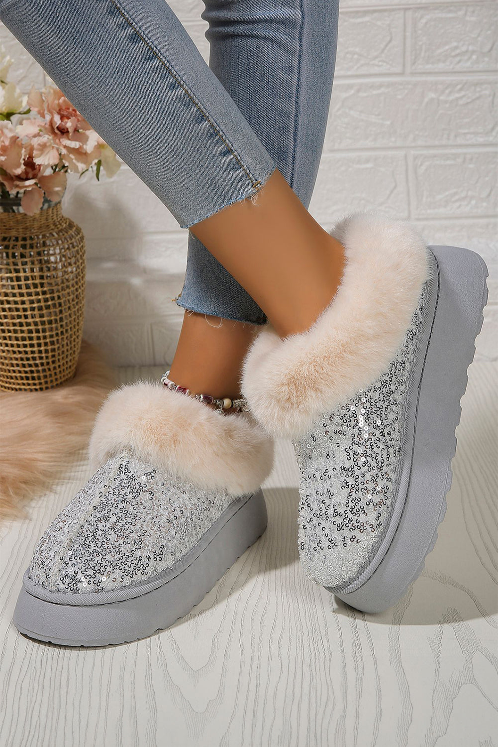 Gold Sequin Plush Lined Thick Sole Snow Boots