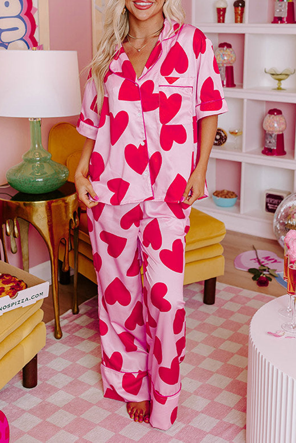 Pink Valentine Heart Short Sleeve Shirt Pajama Set