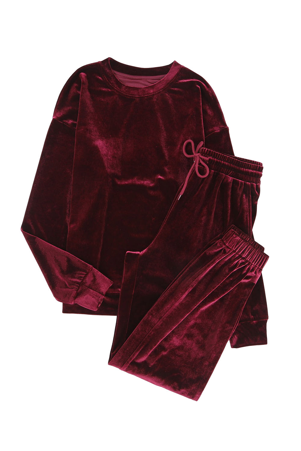 Red Solid Velvet Round Neck Top & Drawstring Pants Lounge Set