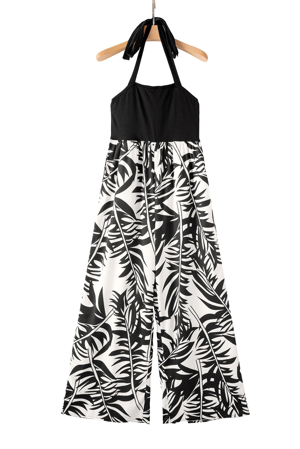 Black Halter Tropical Print Wide Leg Jumpsuit