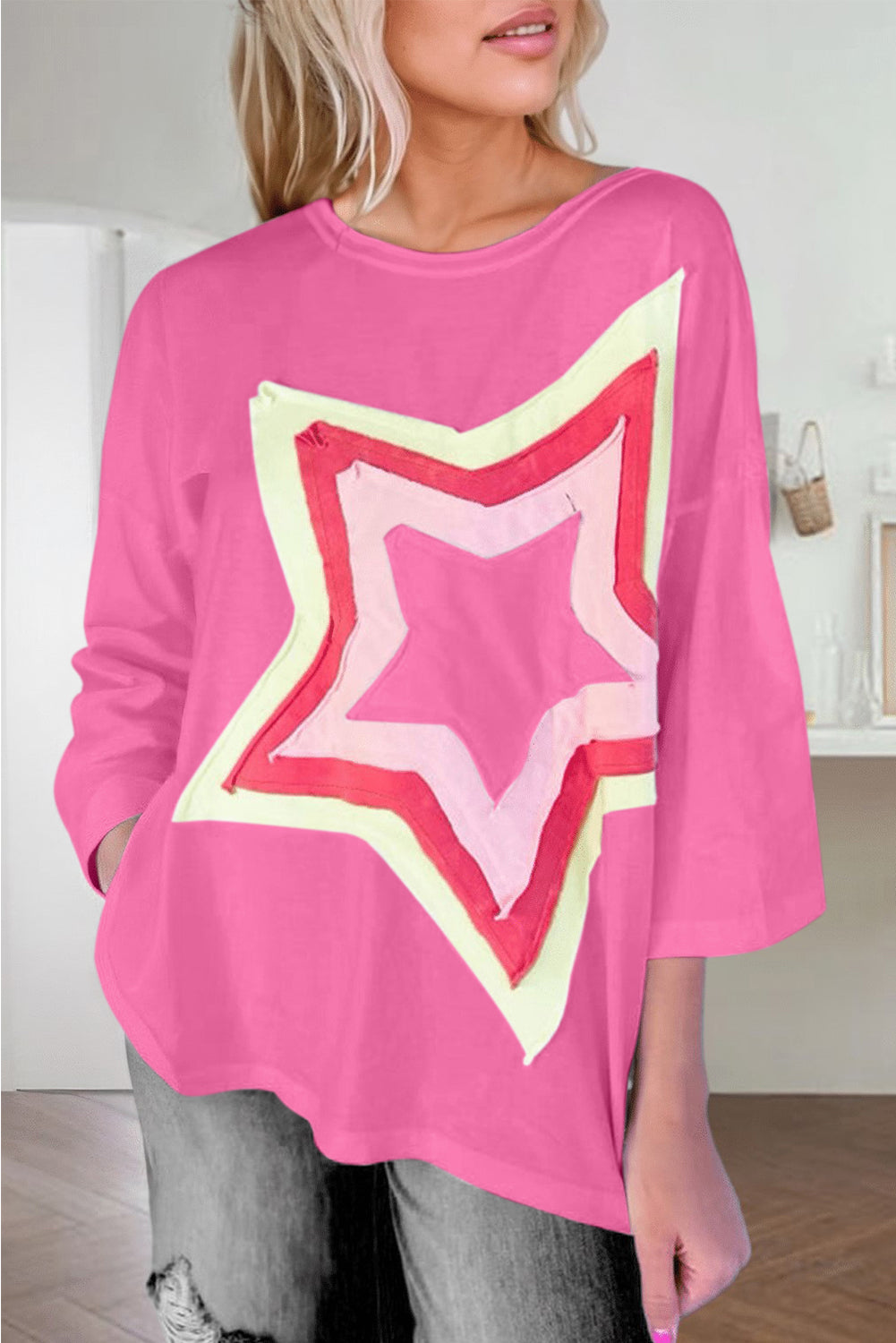 Bonbon Colorblock Star Patched Half Sleeve Oversized Tee