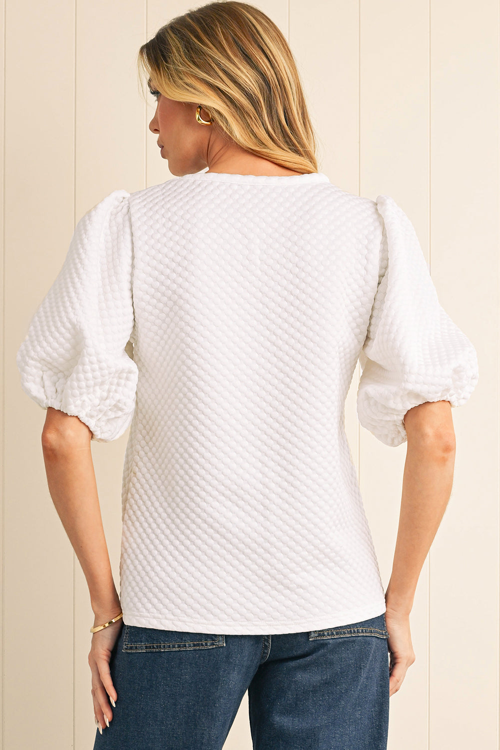 White Solid Textured O Neck Puff Sleeve Blouse