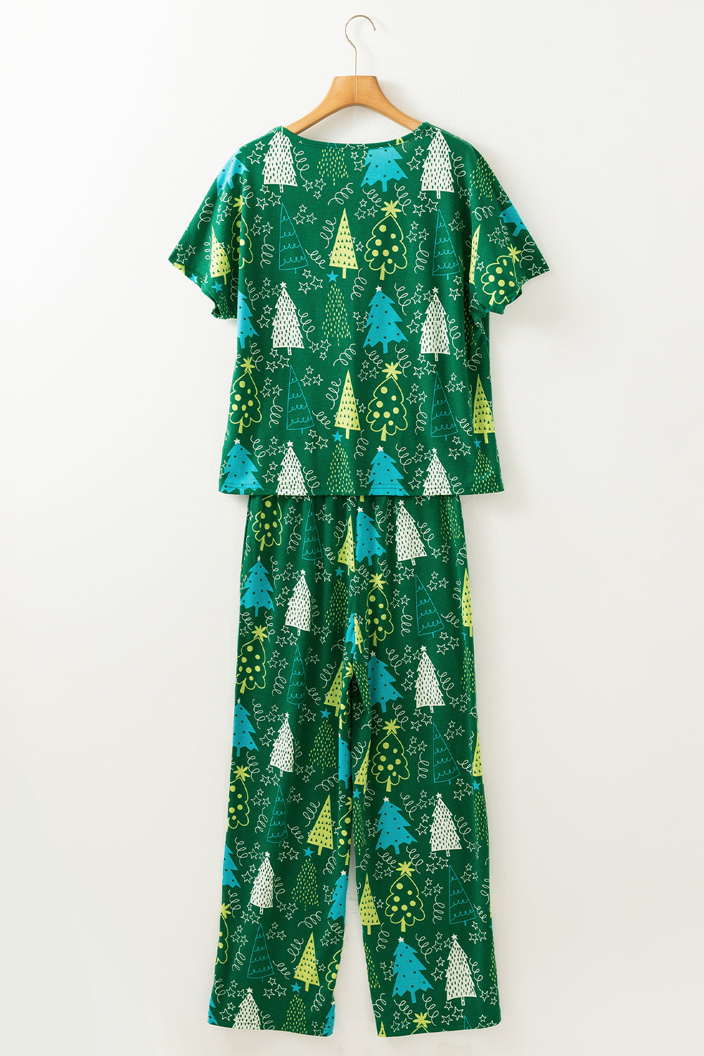 Green Christmas Tree Print V Neck Tee and Pants Pajama Set