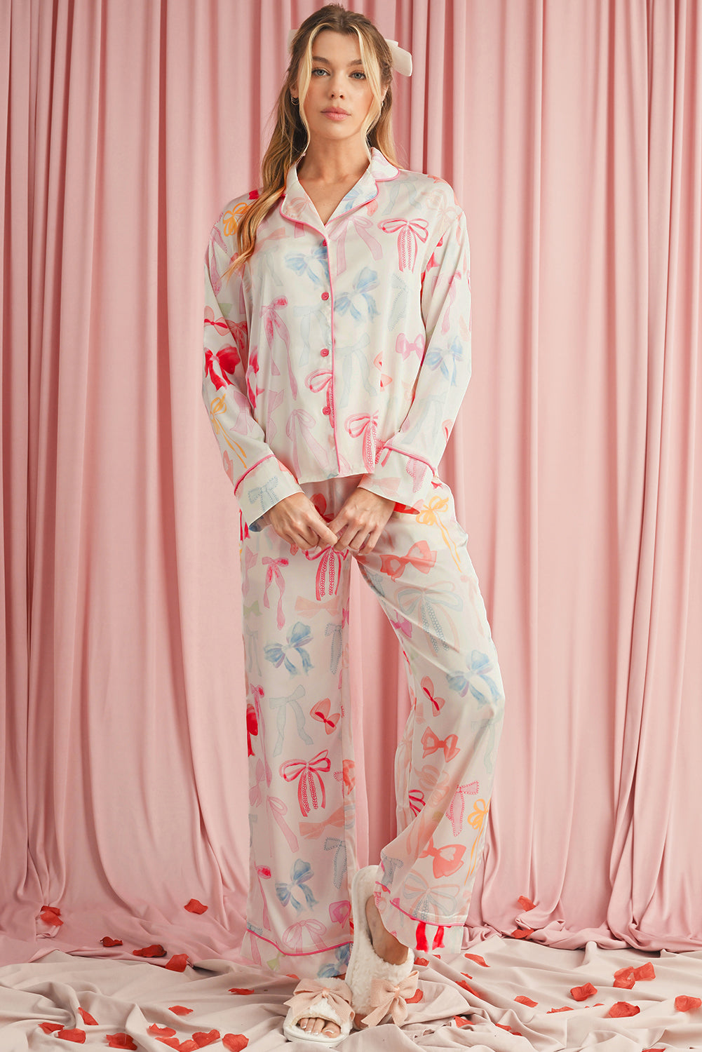 White Bow Print Lapel Collar Wide Leg Satin Pajama Set