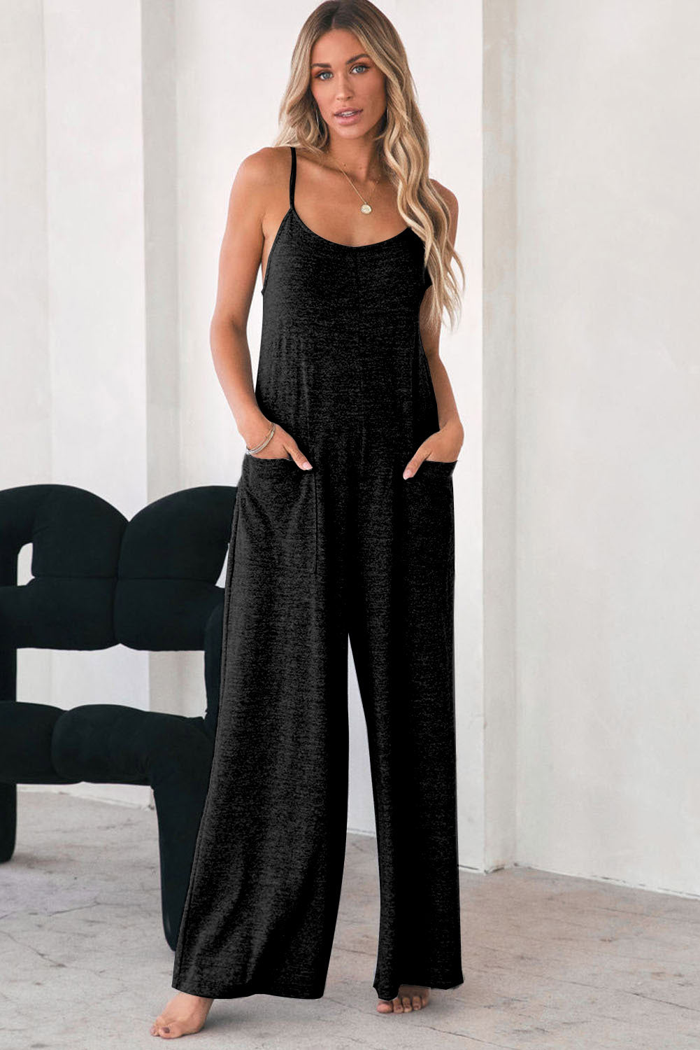 Gray Loose Fit Side Pockets Spaghetti Strap Wide Leg Jumpsuit