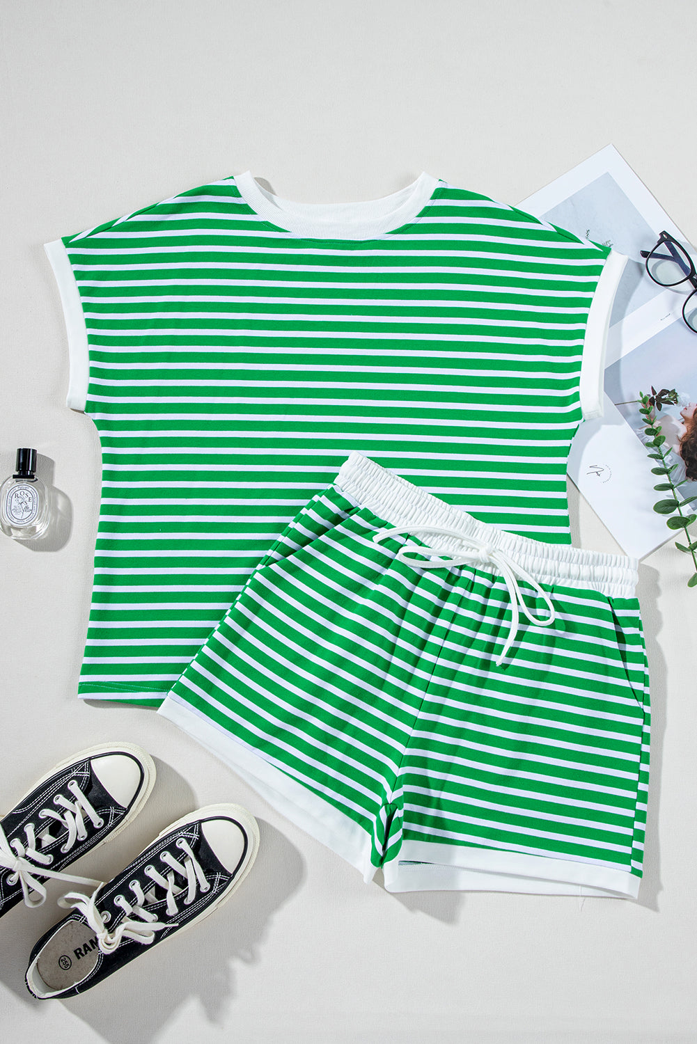 Dark Green Striped Short Sleeve Tee and Shorts Set