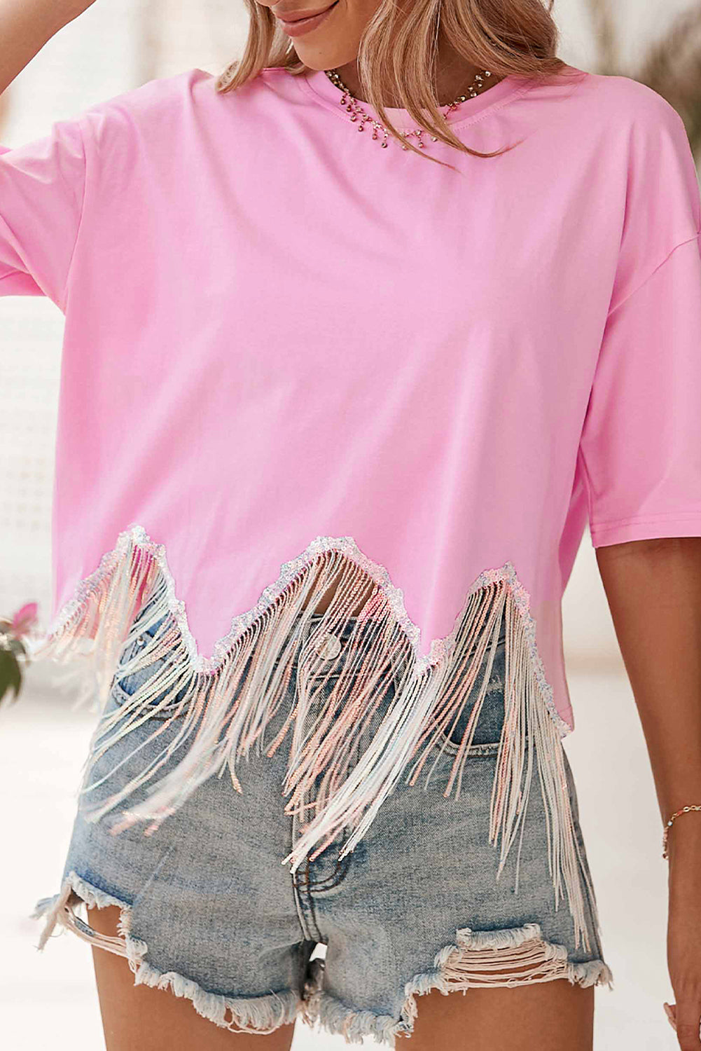 Pink Casual Fringe Sequin Hem Cropped T Shirt