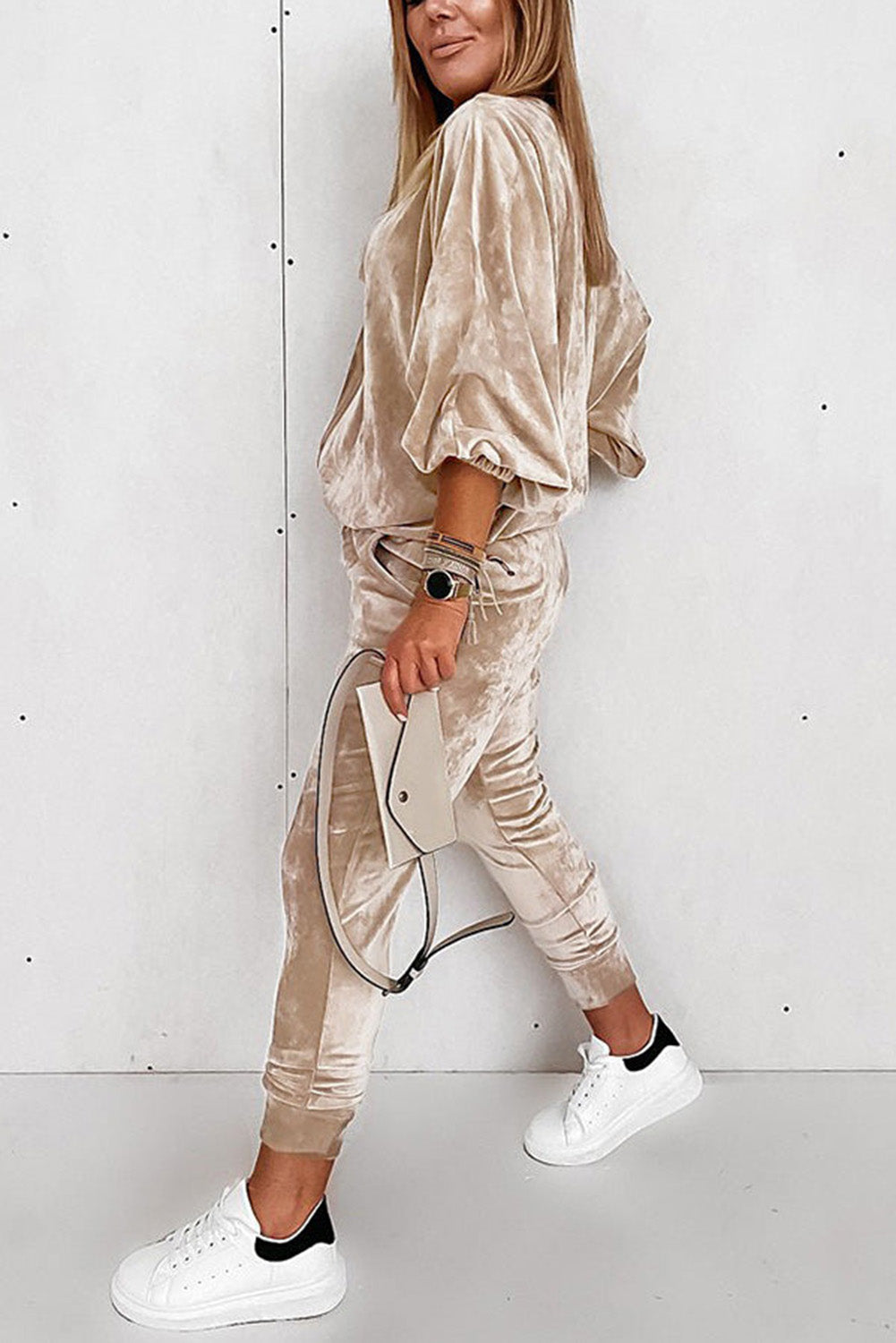 Parchment Velvet Lantern Sleeve Zipped Top & Joggers Pants Set