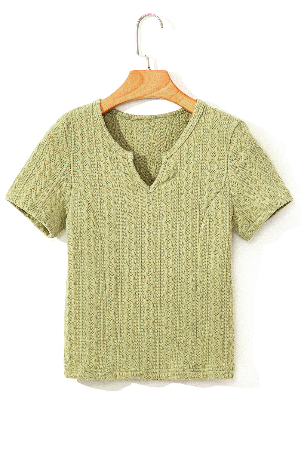 Spinach Green Textured Slim Fit Notch V Neck T Shirt