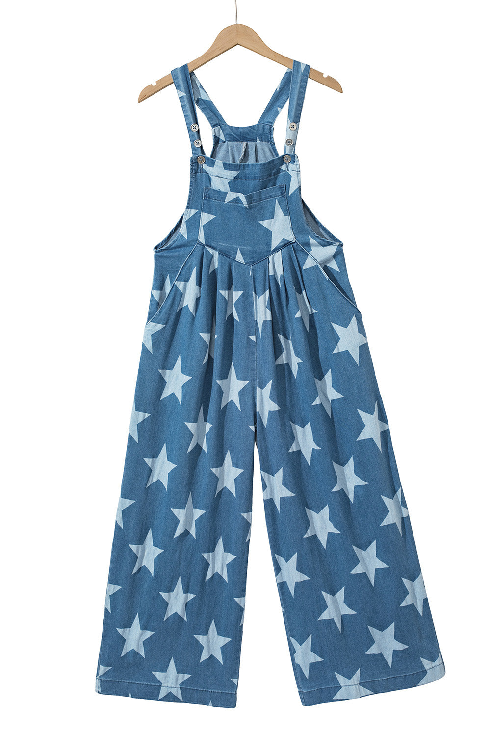 White Star Print Button Strap Pleated Wide Leg Denim Overall