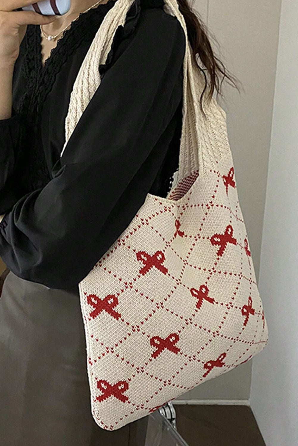 Fiery Red Bow Argyle Pattern Cable Knit Shoulder Bag