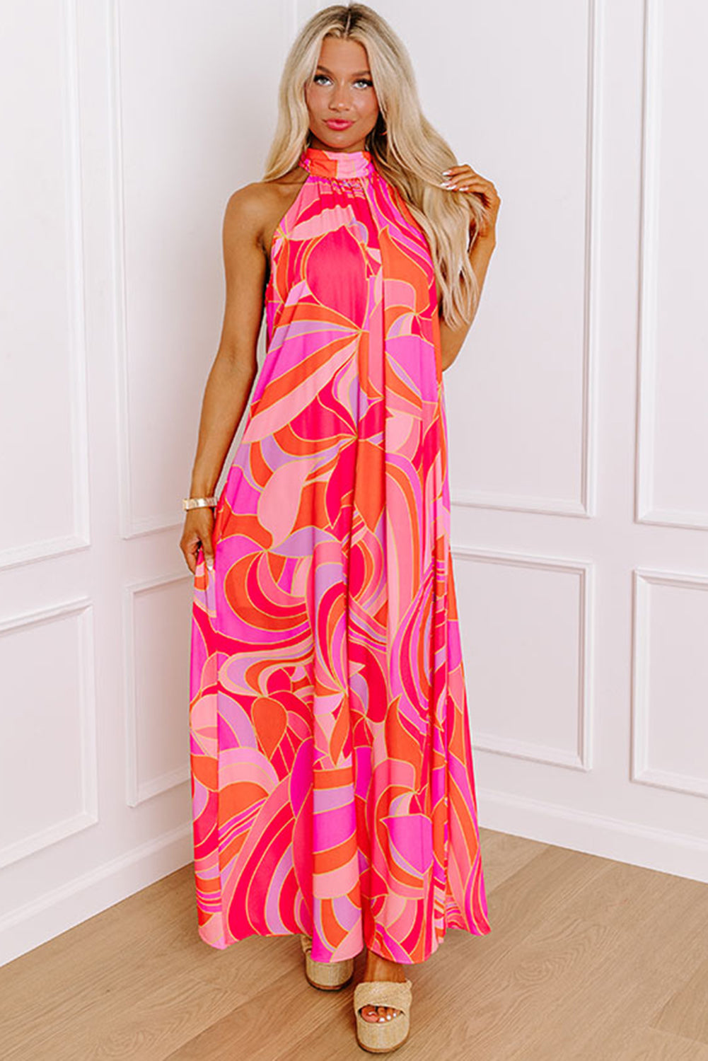 Rose Floral Printed High Neck Knotted Sleeveless Maxi Dress