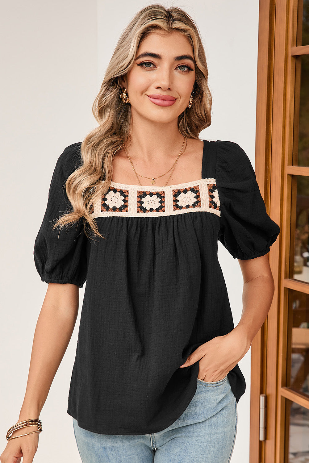 Black Crochet Square Neck Crinkled Blouse