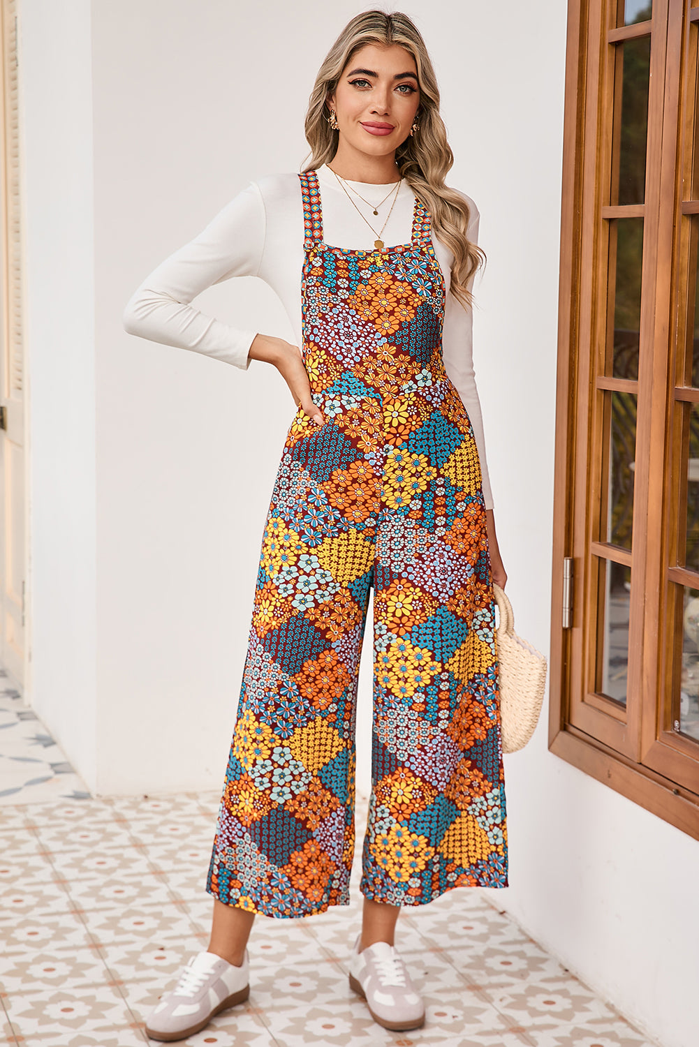 Multicolour Boho Floral Print Cropped Wide Leg Overalls