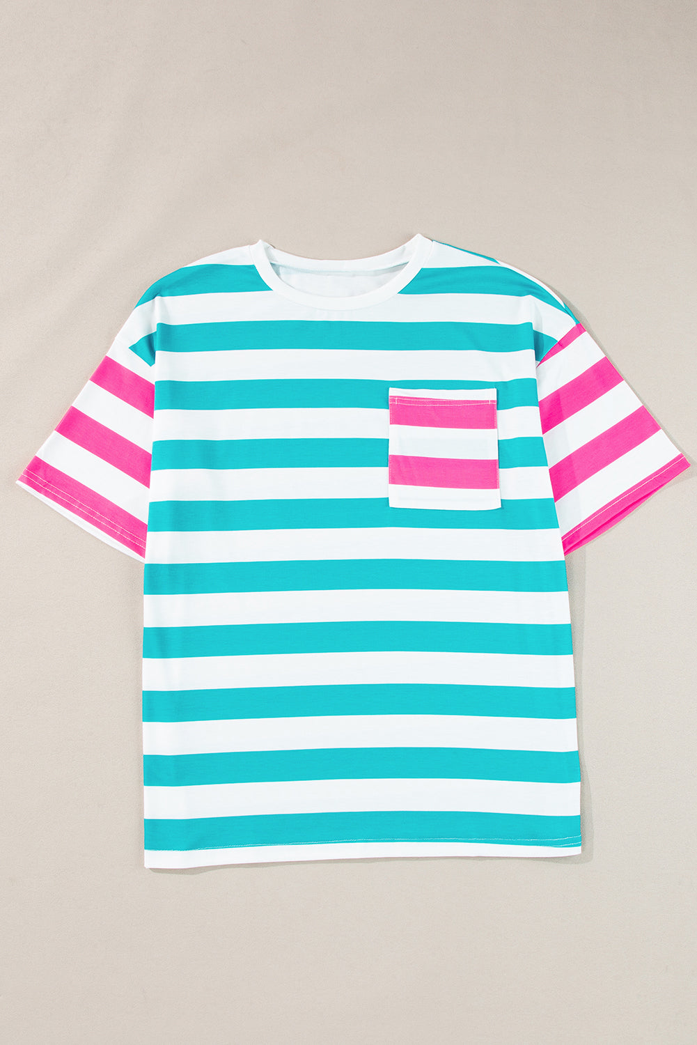 Pink Stripe Patch Pocket Drop Sleeve Slits T Shirt