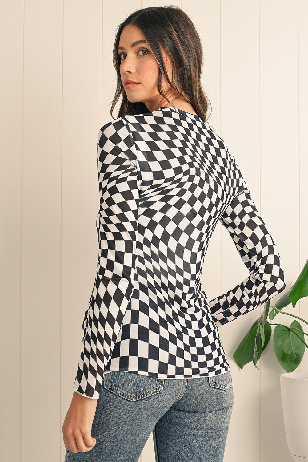 Black Checkered Pattern Mesh Long Sleeve Top