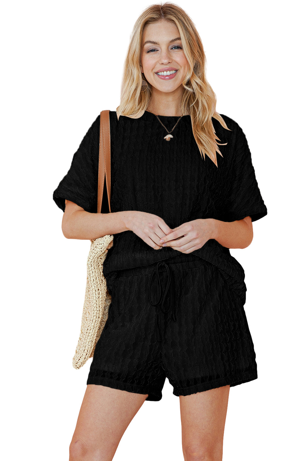 Black Frill Textured Tee and Drawstring Shorts Set