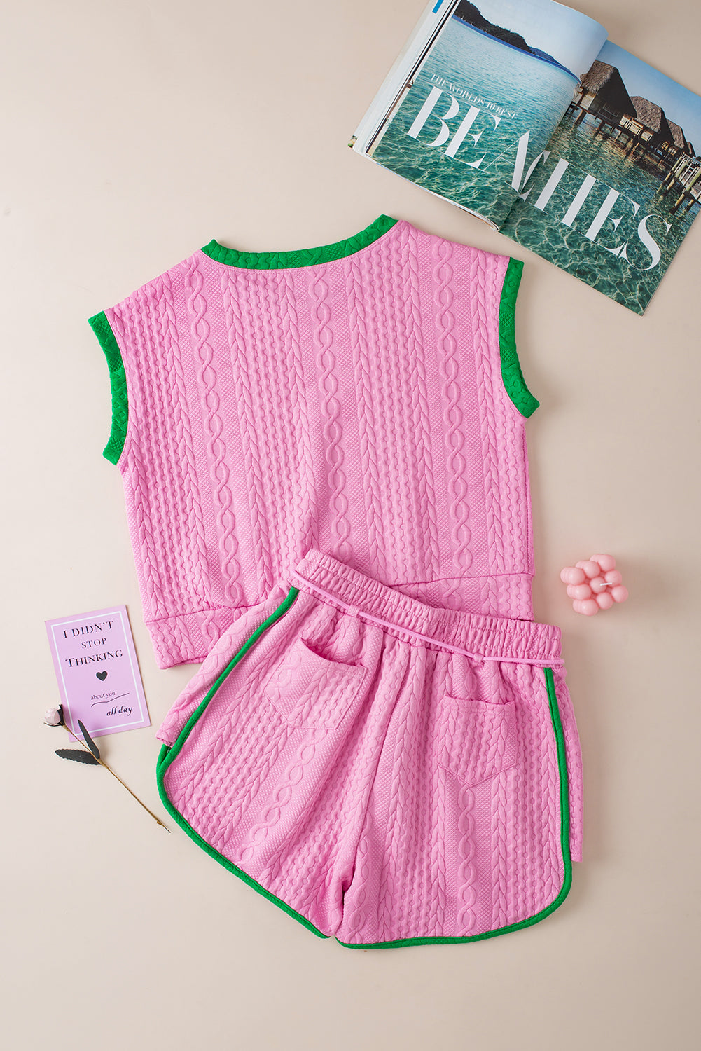 Pink Textured Contrast Trim Tee & Drawstring Shorts Set