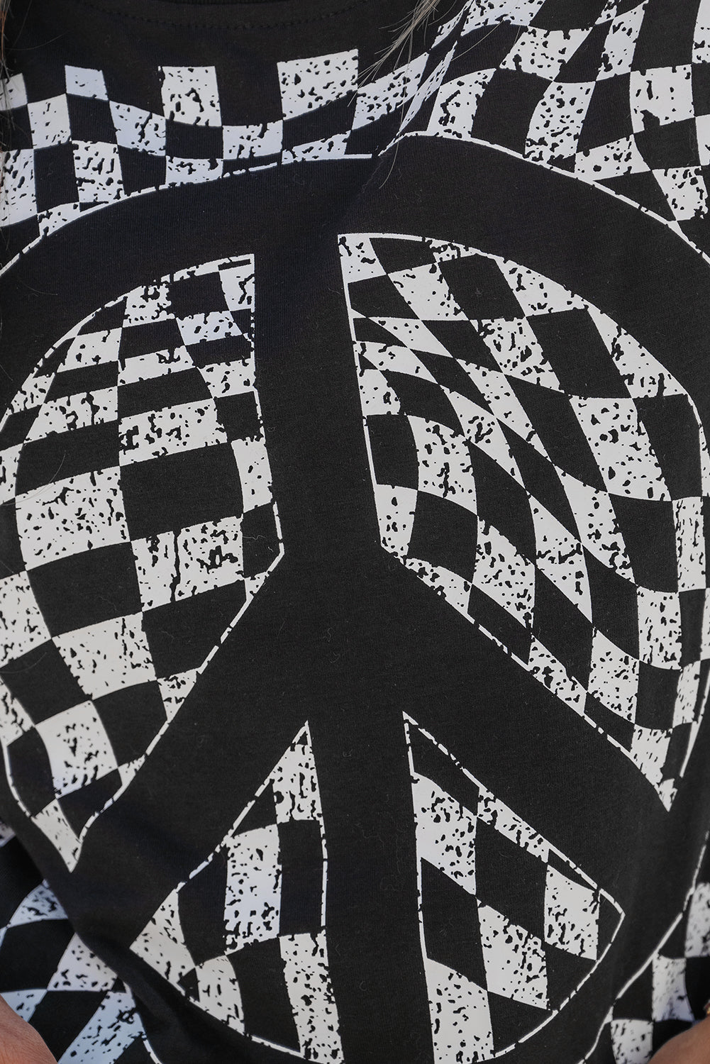 Black Checkerboard Peace Sign Printed Round Neck T Shirt