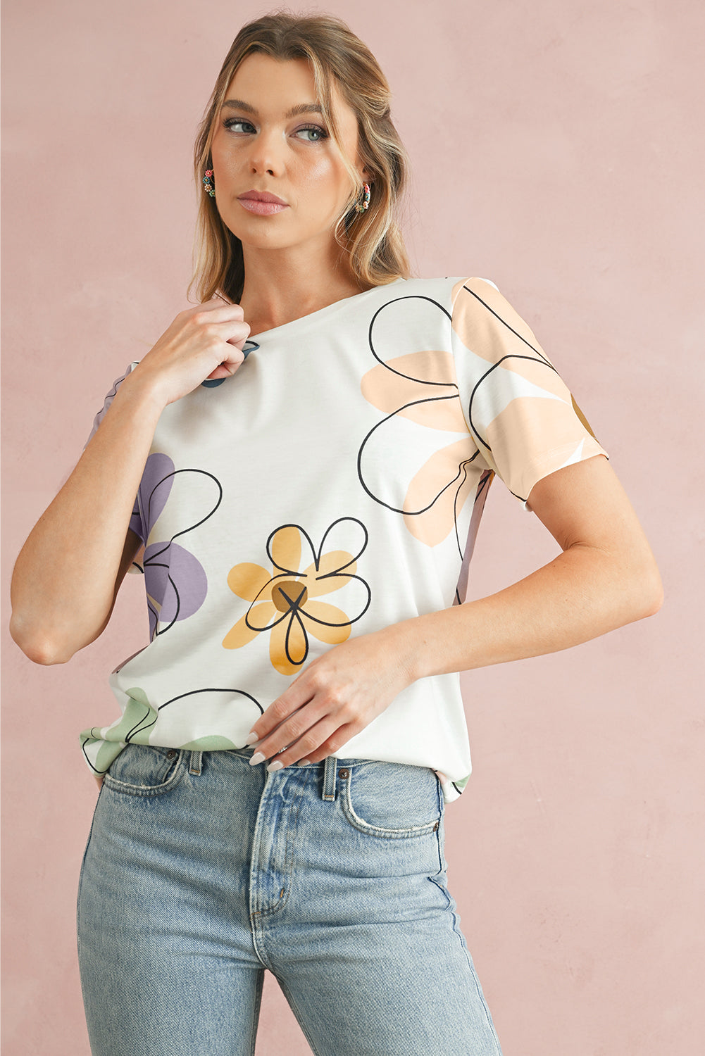 Beige Summer Flower Print Round Neck T Shirt