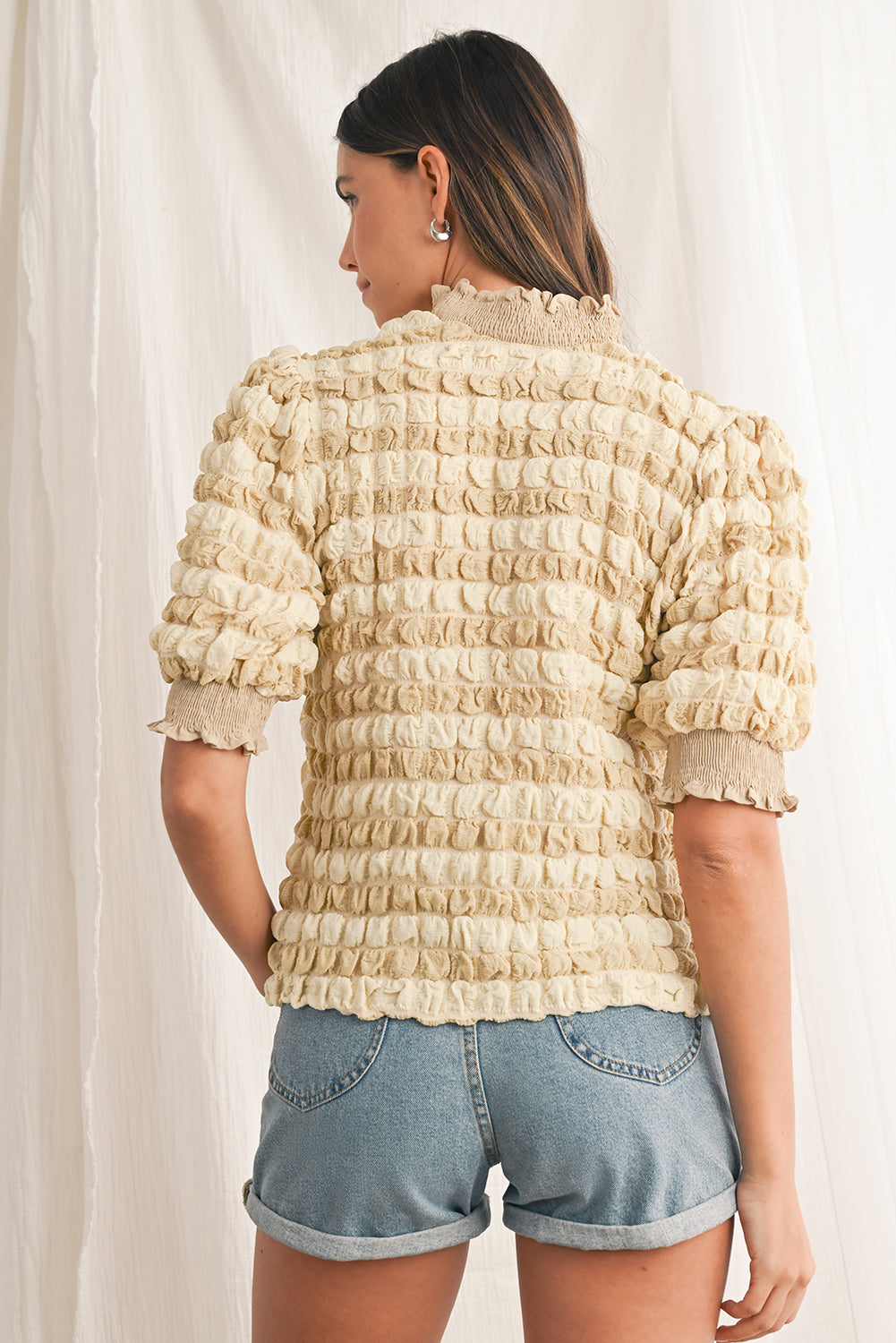 Beige Textured Frill Trim Smocked Puff Sleeve T Shirt