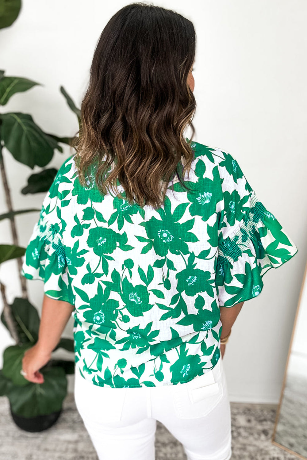 Green Floral Print Ruffle Short Sleeve Loose Blouse