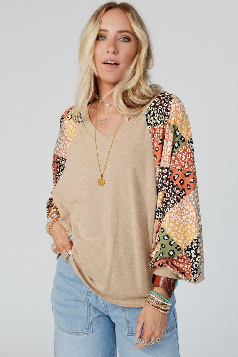 Parchment Leopard Patchwork Lantern Sleeve V Neck Loose Top