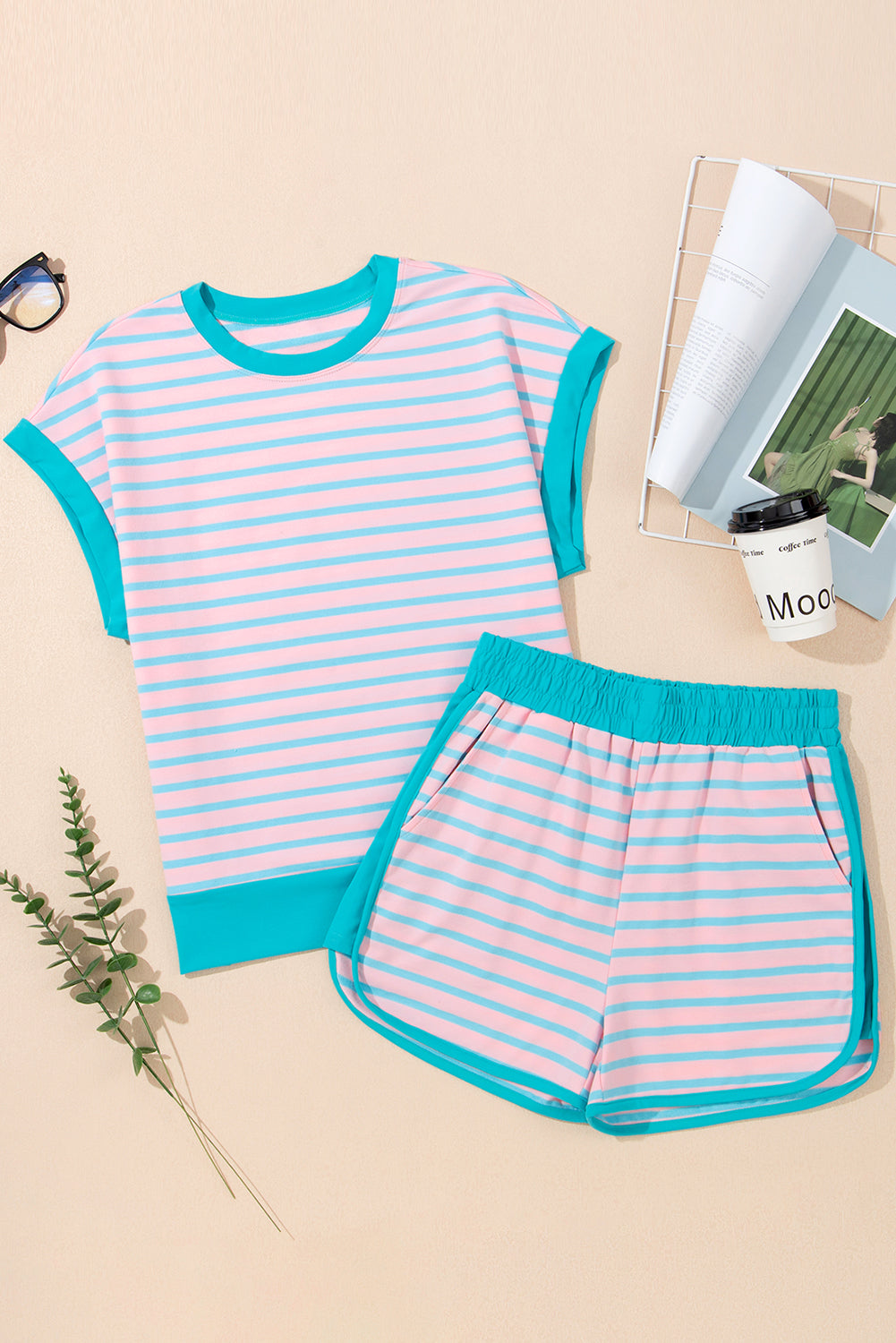 Pink Stripe Colorblock Cap Sleeve Tee & Shorts Set