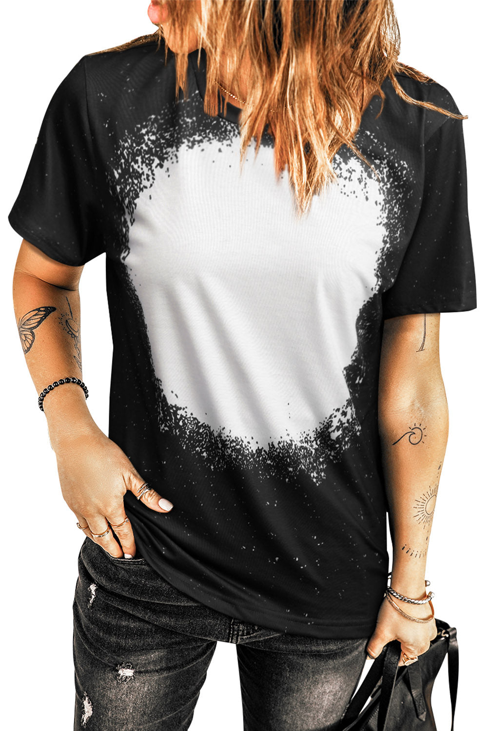 Black Short Sleeve Bleached T Shirt for Women